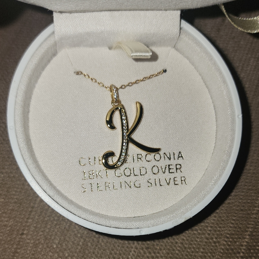 New Cubic Zirconia 18KT Gold Over Sterling Silver "K" Pendant Necklace, NWT - Picture 4 of 8